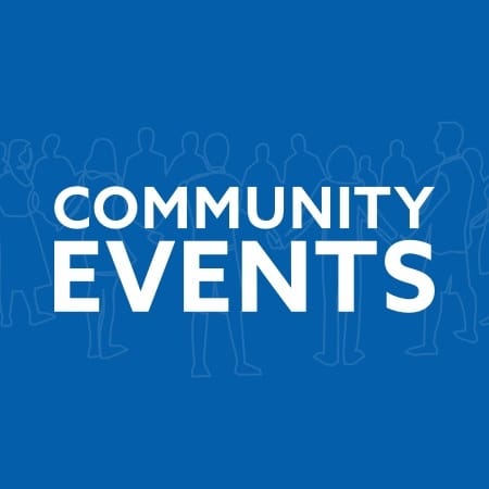 An outline of a grouo of people standing in a circle. Across the center, the words: community events.