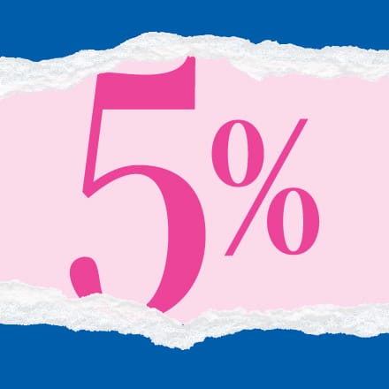 A giant, blue 5% ripping out of pink and blue paper.