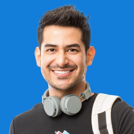A young adult student carrying a bookbag and notebooks.