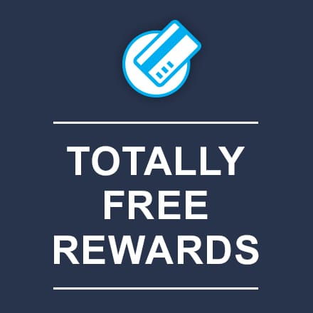 An icon of a debit card. Words at the bottom: totally free rewards.