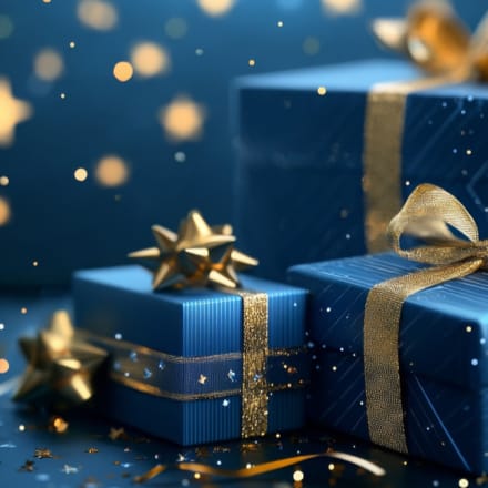 Beautifully wrapped blue and gold gift boxes.