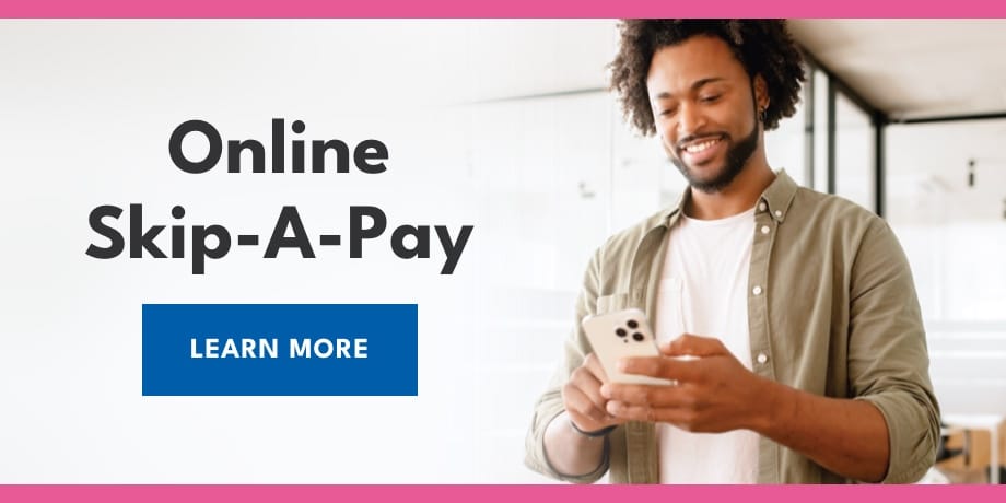 A young man using a smartphone. At the left, the words: online skip-a-pay.