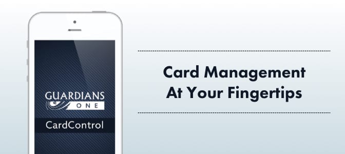 The Guardians One CardControl app on a smart phone. To the right, the words: card management at your fingertips.