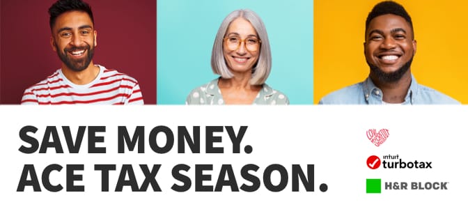 A collage of smiling people. At the bottom, the words: save money. ace tax season.