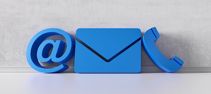 Large icons of an "at" symbol, an envelope and a telephone.