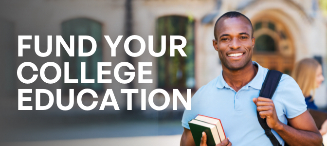 A smiling African American young man carrying a backpack and holding books. The words on the left: fund your college education.