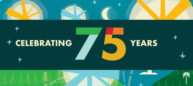 Blue and yellow starbursts. Across the middle, a green bar with the words: celebrating 75 years.