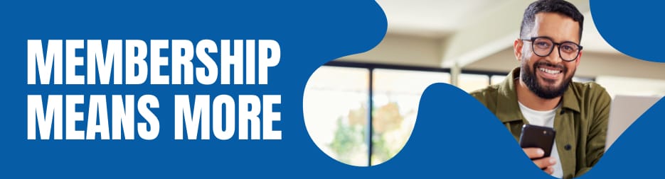 The face of a similing man in a clip mask of a puzzle piece against a blue background. At the left, the words: membership means more