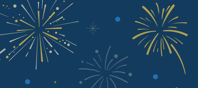 A blue background with fireworks illustrations.