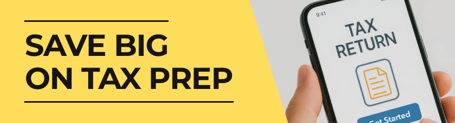 A hand holding a mobile phone showing a tax return screen. To the left, the words: save big on tax prep