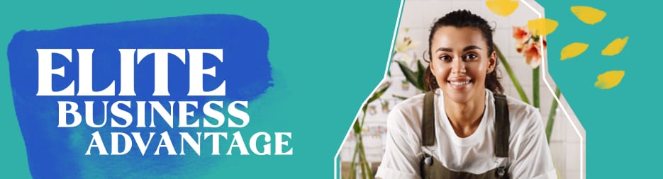 A smiling young woman business owner in an apron. To the left, the words: elite business advantage.