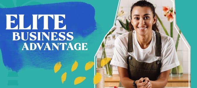 A smiling young woman business owner in an apron. To the left, the words: elite business advantage.