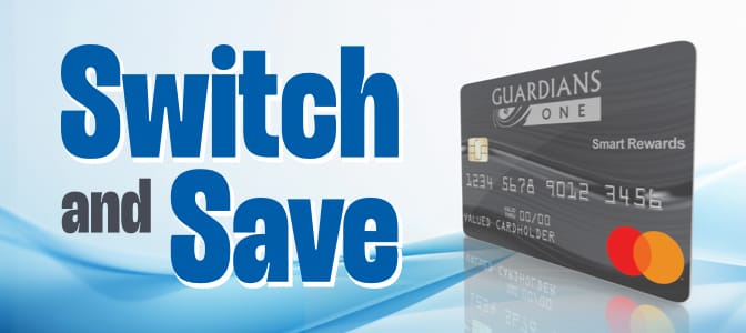 A hand holding the South Florida FCU, A Division of Guardians Credit Union Mastercard. At the left, the words: no fee balance transfer