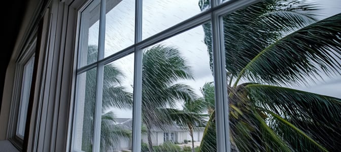 A view looking out the window onto a storm with rain and swaying palm trees.