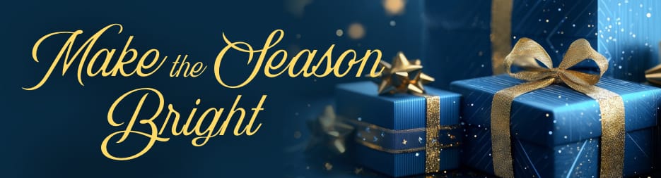 Blue gifts wrapped in gold ribbon. At the left, the words: Make the season bright.