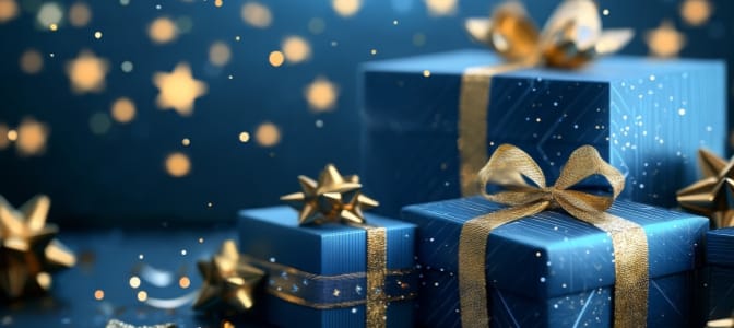 Blue gifts wrapped in gold ribbon with twinkling gold stars.