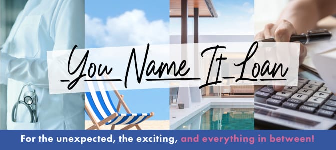 A collage of a doctor, beach chair, pool deck and calculator. Across the bottom, the words: For the unexpected, the exciting, and everything in between!