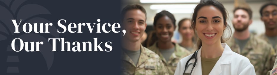 A group of smiling service women and men. At the left, the words: Your Service, Our Thanks.