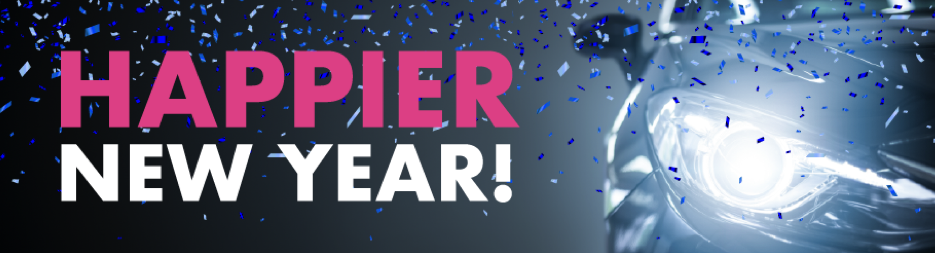 An illustration of gray and white cars and a single pink colored car in parking spaces. To the left, the words: New Year, New Ride! Stand out Auto Loan rates as low as 1.99% APR!
