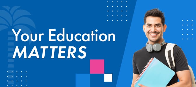 A young student standing in a library holding an open notebook and smiling. At the left, the words: Win a $2,000 scholarship.