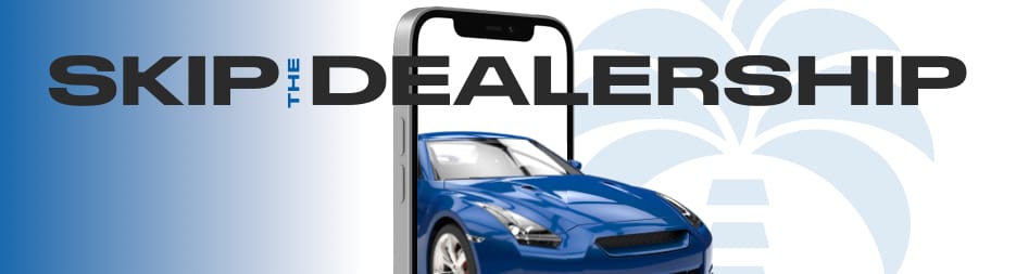 A blue sports car coming out of a smart phone. Across the top, the words: skip the dealership.
