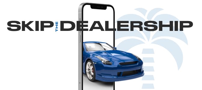A sports car coming out of a smart phone. Across the top, the words: skip the dealership.