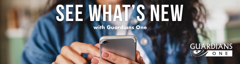 A young woman using a smartphone. Across the top, the words: See what's new with Guardians One.