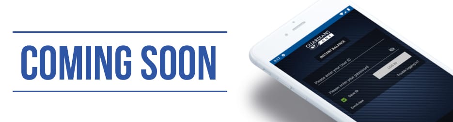 A smart phone with the Guardians One Mobile App open. To the left, the words: Coming soon.