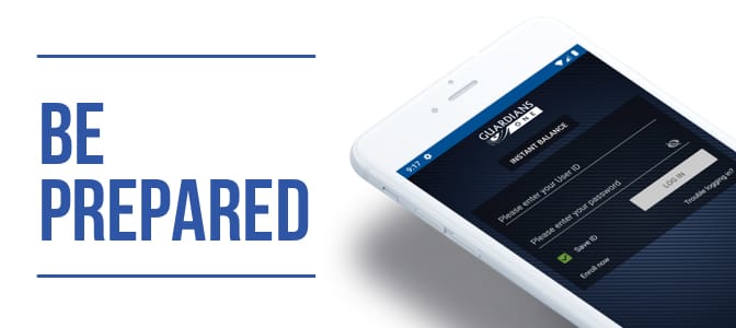 The Guardians One mobile app. To the left, the words: be prepared.