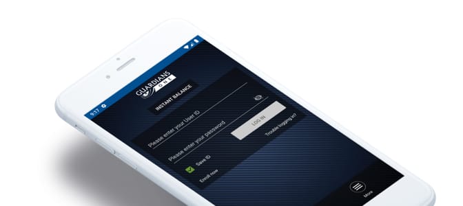A smart phone with the Guardians One mobile app open.